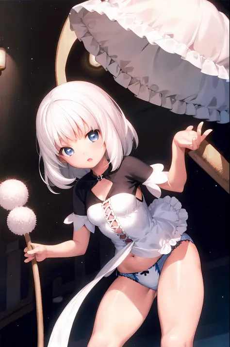 A little girl with white hair with poor breasts in underwear
