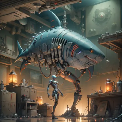 (((masterpiece))), ((best quality)), ((ultra-detailed)), (CG illustration), cinematic light, ((1 mechanical shark)), single, full, ((mechanical limbs)), (blood vessels attached to tubes), ((clockwork core)), (wires and cables attached to the body: 1.5), (c...