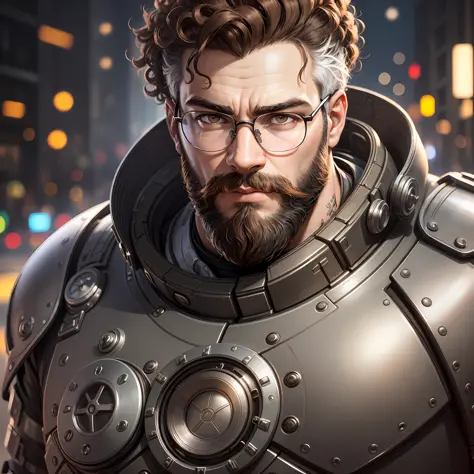 Photo portrait of a strong bearded white guy, brown eyes, curly hair forward and right side, with wayfarer-style prescription glasses, round-shaped nose at the tip as black, in a mech suit worn, ((light bokeh)), intricate, (steel metal [rust]), elegant, sh...