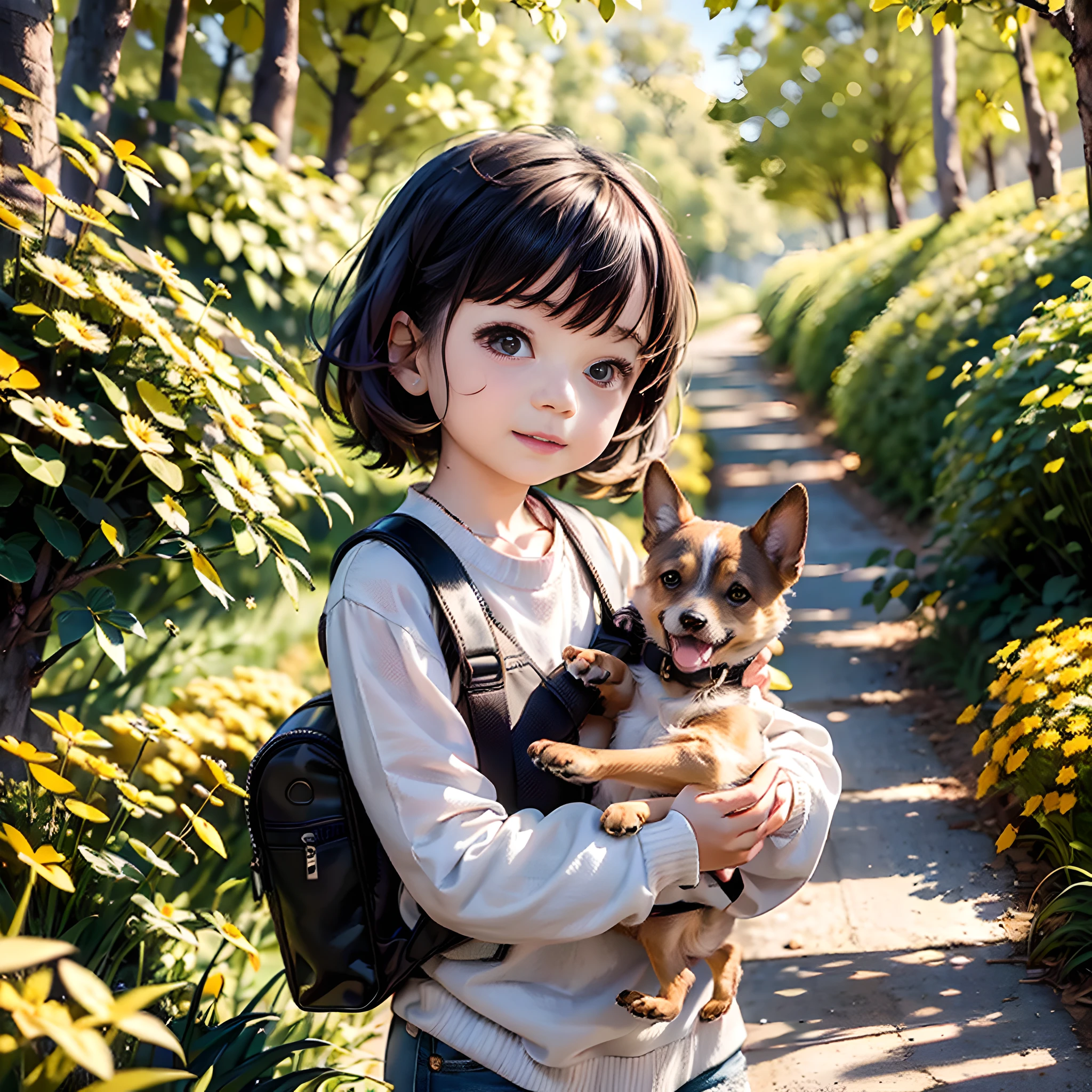 Tip: Una chica muy encantadora con una mochila y su adorable cachorro disfrutando de un hermoso paseo primaveral rodeada de hermosas flores amarillas y naturaleza.. La ilustración es una ilustración de alta definición con resolución 4K con rasgos faciales muy detallados e imágenes de estilo dibujos animados..