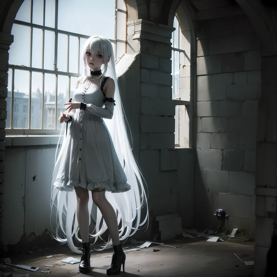 horror girl, terror, in the abandoned castle, silver long hair, translucent body