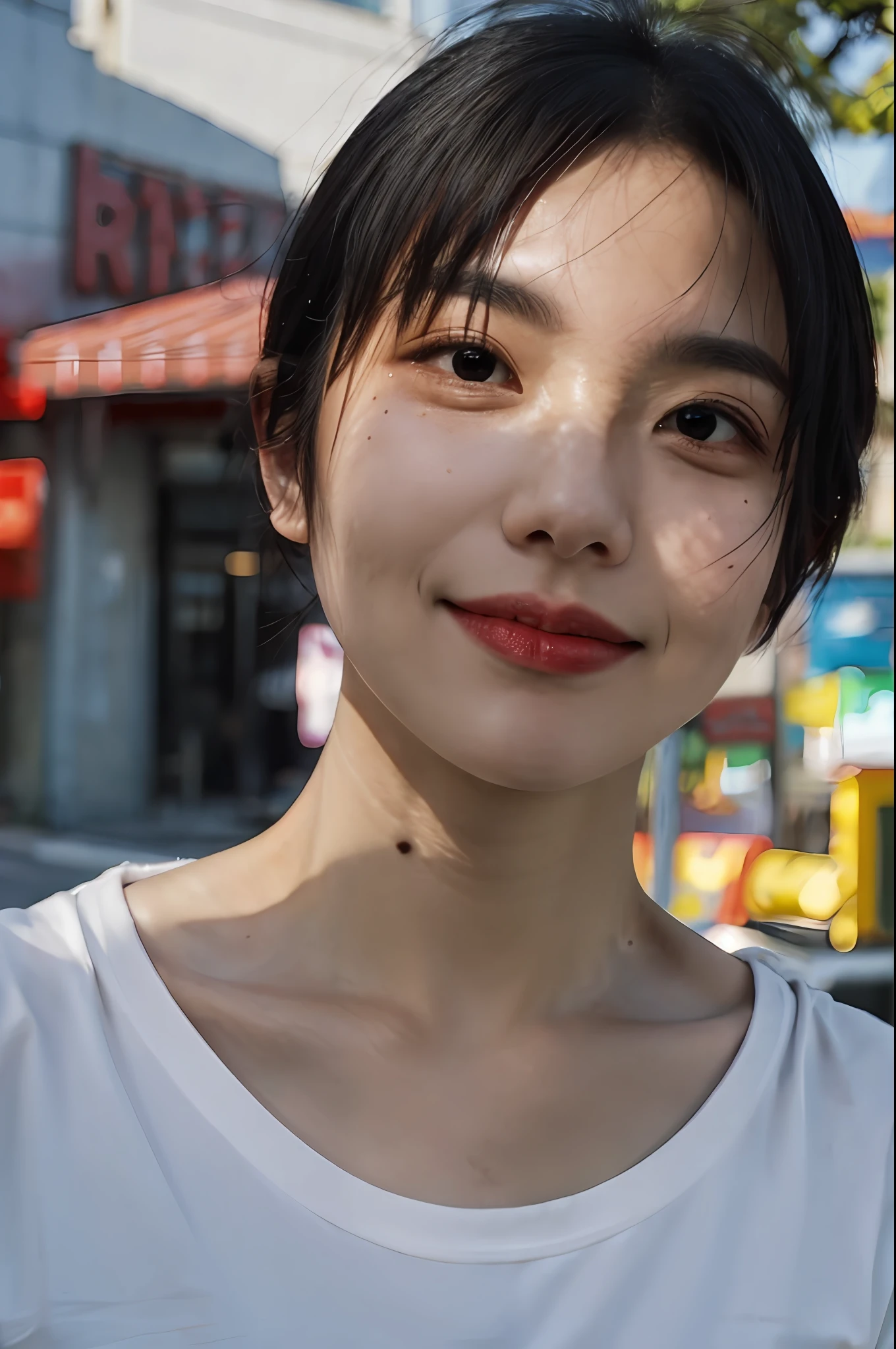 1girl, idol, close-up, collarbone,  ,, photo, film, depth of field, skin texture, t-shirt, rubber band,