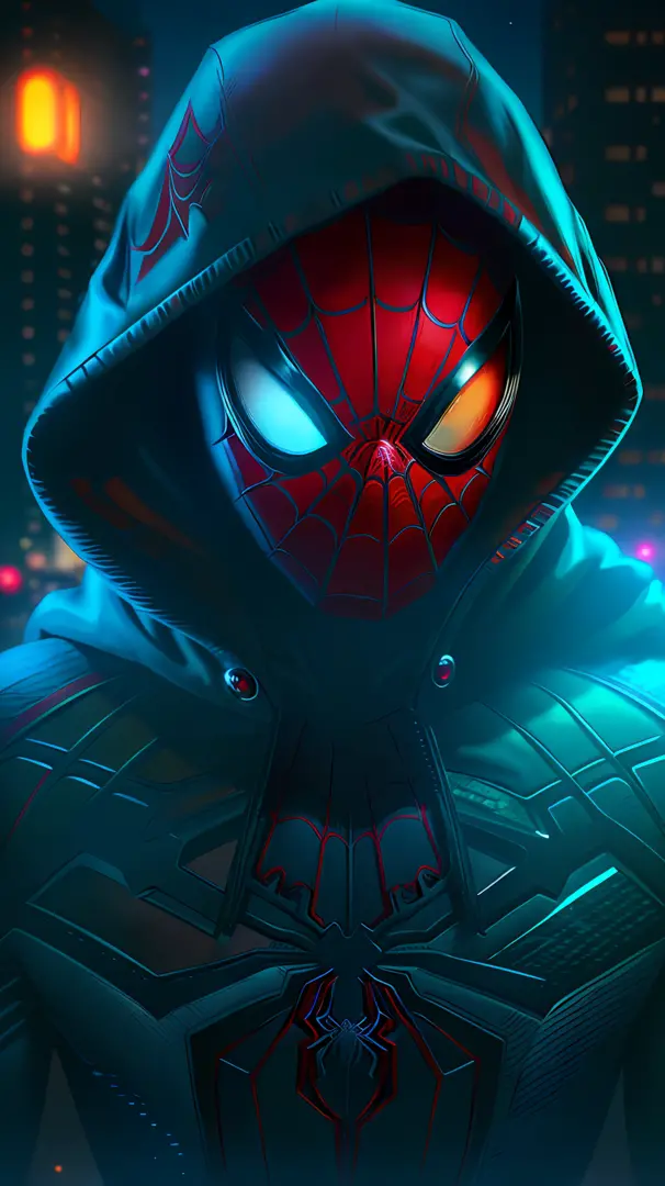 spider - man in a hoodie standing in a city at night, futuristic style spiderman, miles morales!!!, miles morales, wallpaper 4 k, wallpaper 4k, spider - verse art style, into the spiderverse, hq 4k wallpaper, into the spider verse, spiderverse, hero pose c...