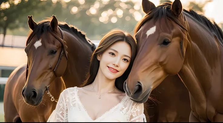 masterpiece, top lighting, bright light, smile, brown delicate and delicate long hair, man next to the horse, delicate dress, bi...