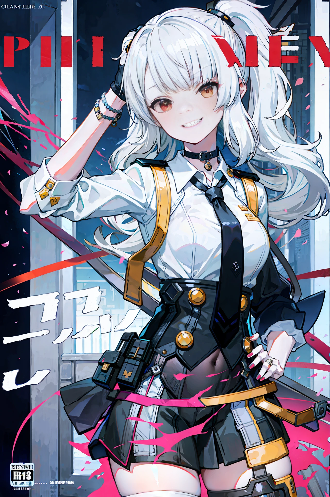 masterpiece, best quality, full body, 1girl, bangs, black choker, black necktie, blonde hair, blue skirt, blush, bracelet, breasts, choker, clothes around waist, collarbone, collared shirt, cowboy shot, dress shirt, ear piercing, eyebrows visible through hair, gradient hair, grin, gyaru, jewelry, kogal, long hair, looking at viewer, loose necktie, necktie, piercing, plaid, plaid skirt, pleated skirt, red eyes, ring, school uniform, shirt, skirt, smile, solo, white shirt, street, sky, cherry blossoms, petals,illustration, (magazine:1.3), (cover-style:1.3), fashionable, woman, vibrant, outfit, posing, front, colorful, dynamic, background, elements, confident, expression, holding, statement, accessory, majestic, coiled, around, touch, scene, text, cover, bold, attention-grabbing, title, stylish, font, catchy, headline, larger, striking, modern, trendy, focus, fashion,