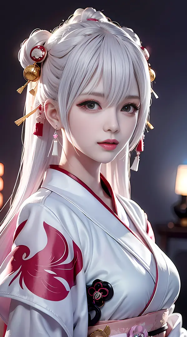 japanese girl holding fan, kimono, cyberpunk, white hair, huge pink halo on background, mood light, zodiac girl's, punk, holding...