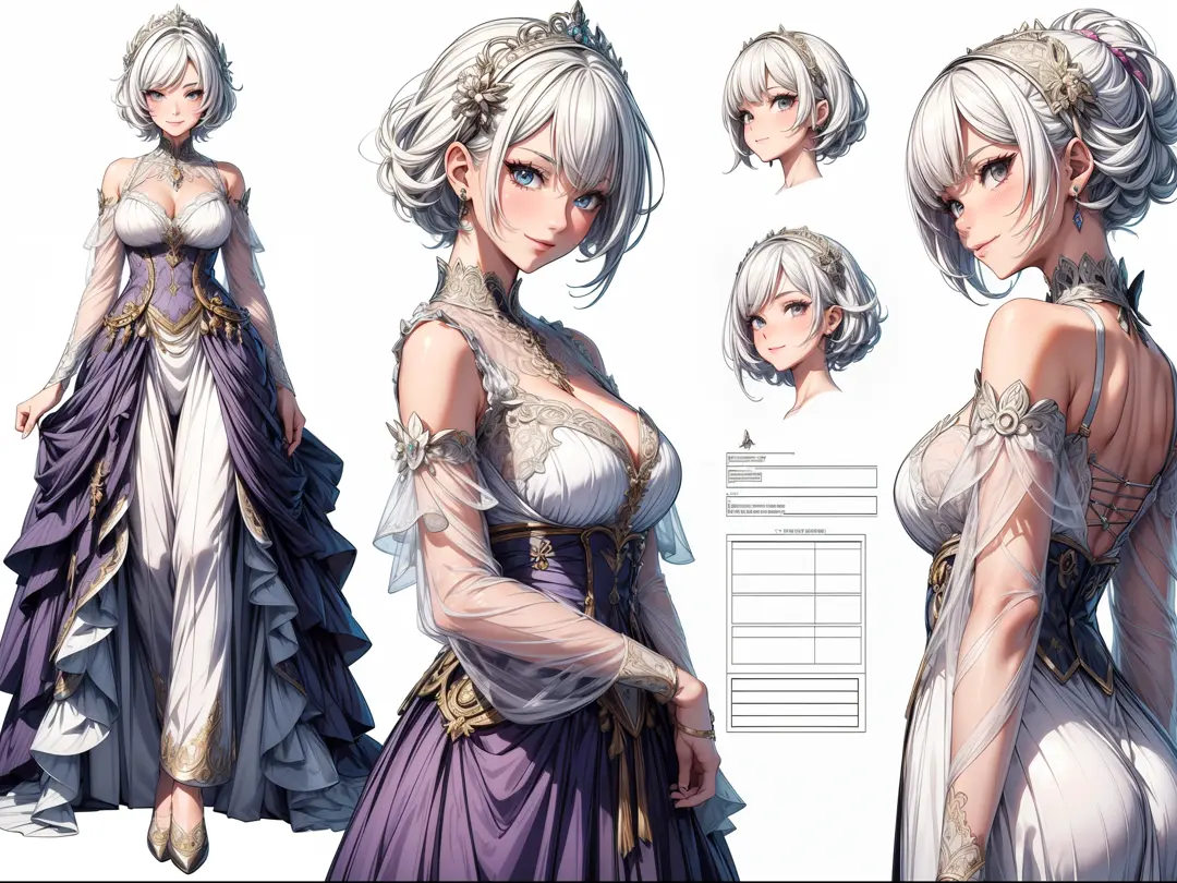 (masterpiece), ultra detailed, 8k, ((A character sheet:1.4)) or reference sketch of a a beauty gal girl, with colorful dress, she has short hair, and she smiling, with white hair, ultra realistic and sharp detail and intricate, intricate details, and style...
