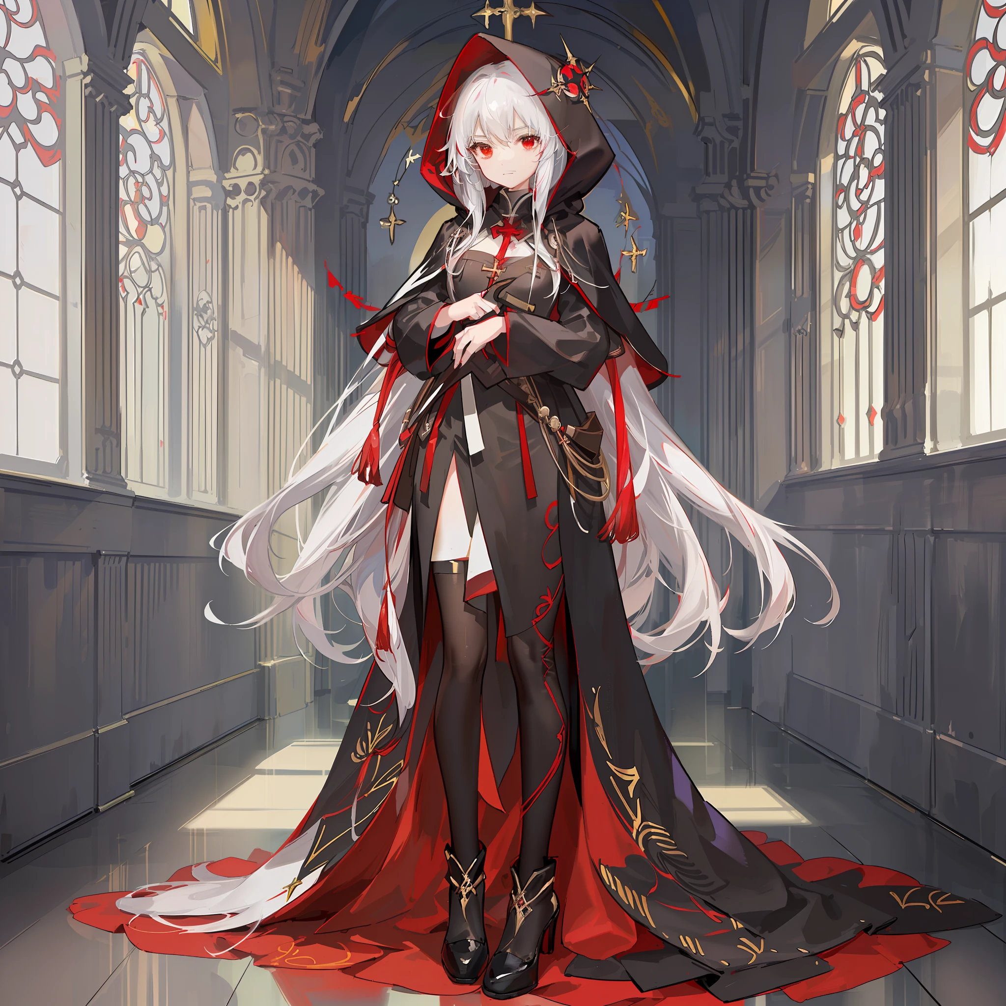 Maiden, round red thread striped black robe, hood, cape, red eyes, long white hair, faint smile, standing posture, full body, mage, holy girl