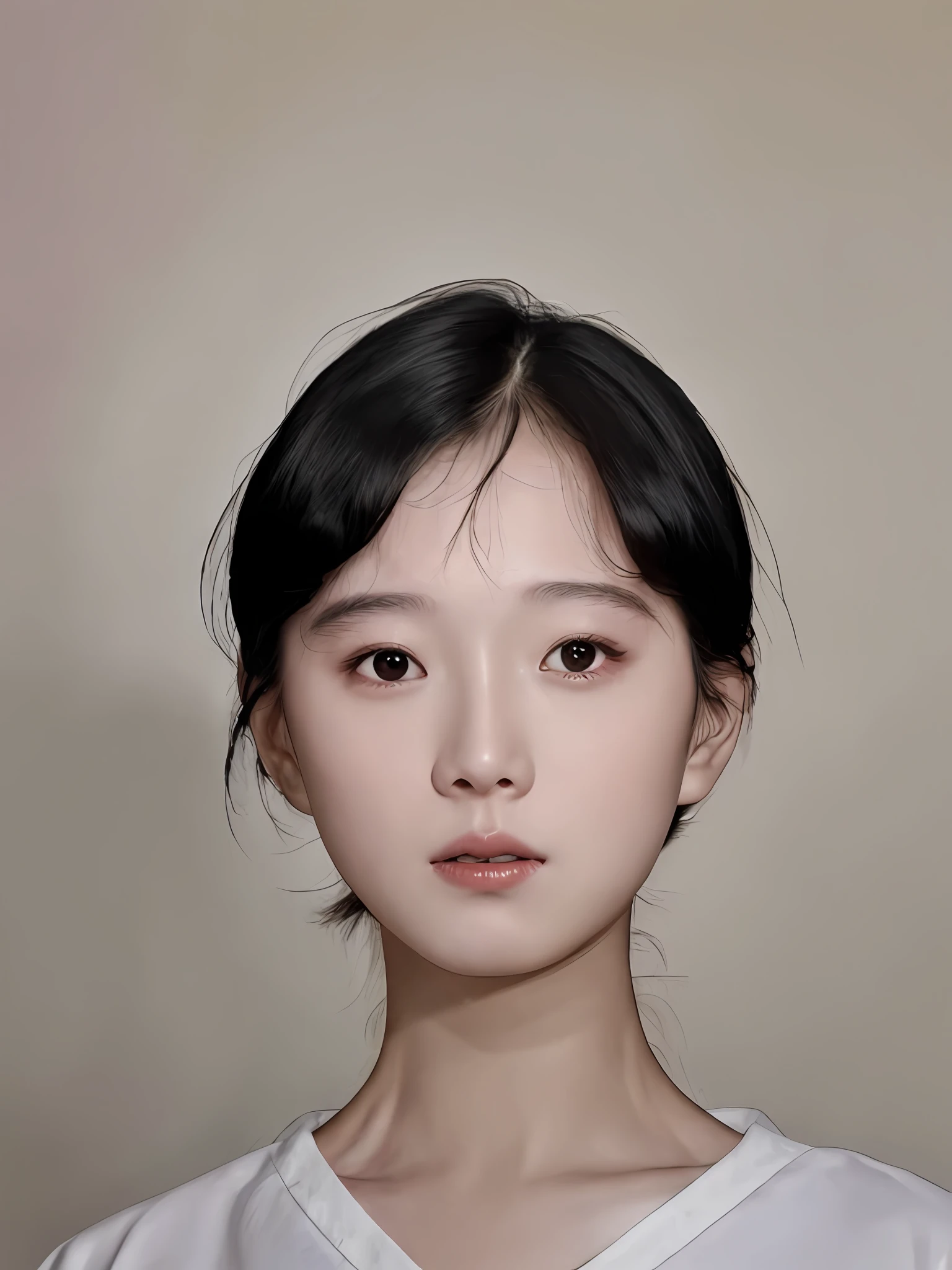 un primer plano de una mujer con el pelo corto y una camisa blanca, una pintura fotorrealista de Xia Yong, tumblr, hyperrealism, cara simétrica coreana, cara adorable coreana pálida, hermoso rostro delicado, ella tiene el pelo negro con flequillo, joven y adorable rostro coreano, con mejillas redondas, Cara asiática pálida y linda joven, kwak ji joven, cara muy hermosa