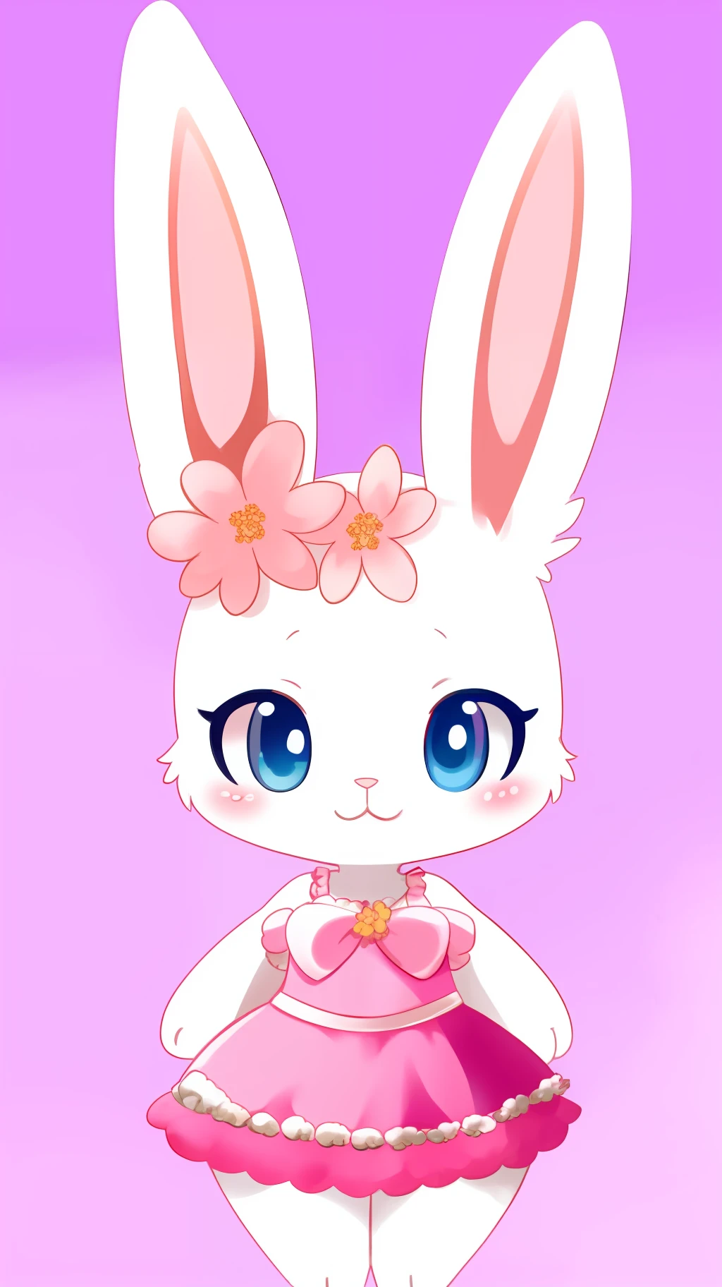 white bunny in a pink dress, original chibi bunny girl, cute anthropomorphic bunny, bunny girl, cute character, rabbit_bunny, bunnies, cute anime, cute kawaii girl, cute digital art, rabbits, the rabbit has white fur, lovely and cute, cute art style, cute anime style, kawaii chibi, 1 girl, solo, (floral,twilight background),flat colors"