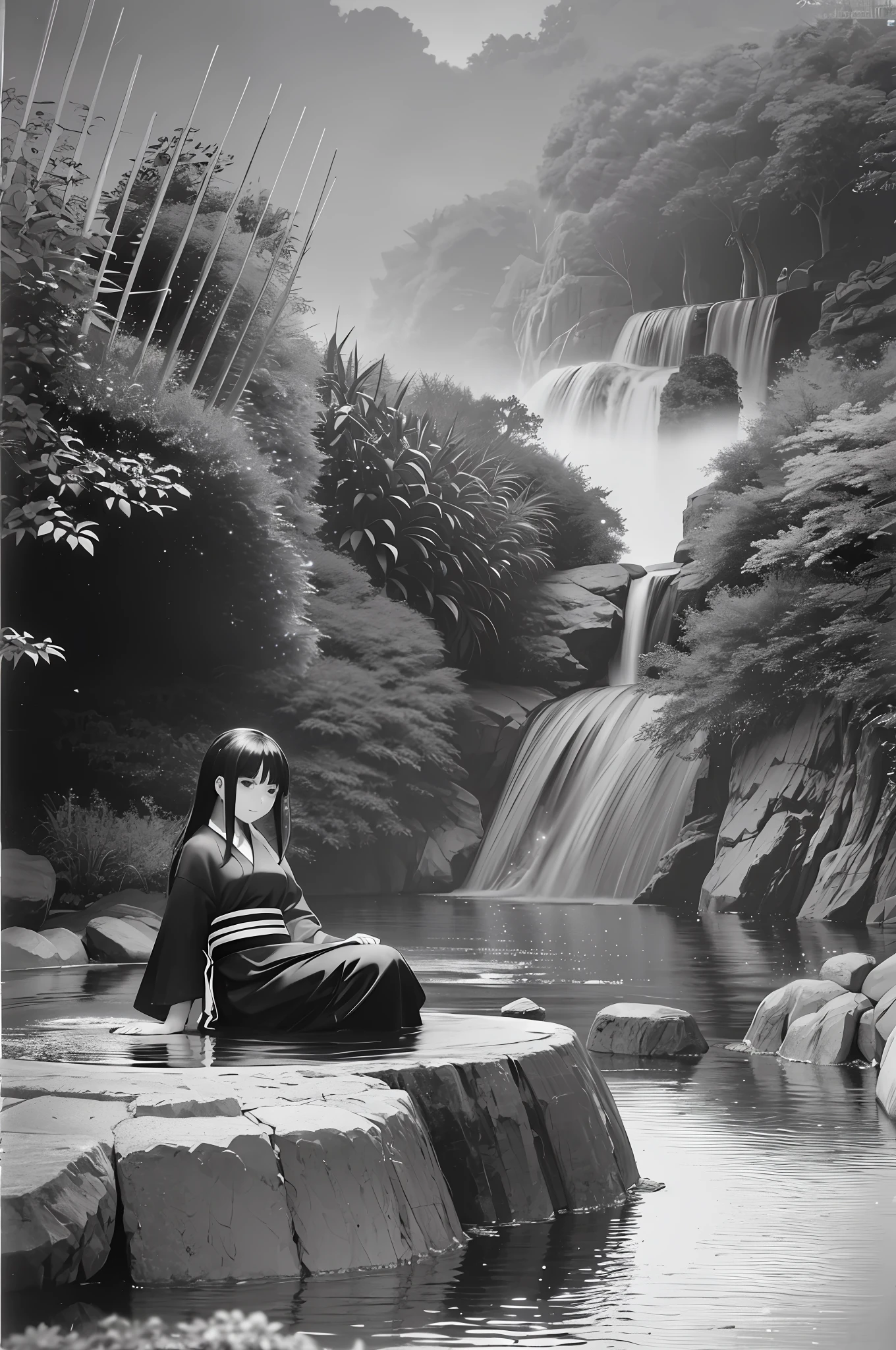 Black and white image, Japanese girl sitting on a rock, pretty face, near a waterfall, river with clean water, fish can be seen swimming under the water