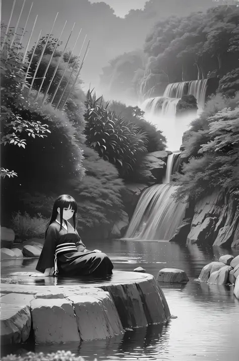 black and white image, japanese girl sitting on a rock, pretty face, near a waterfall, river with clean water, fish can be seen ...