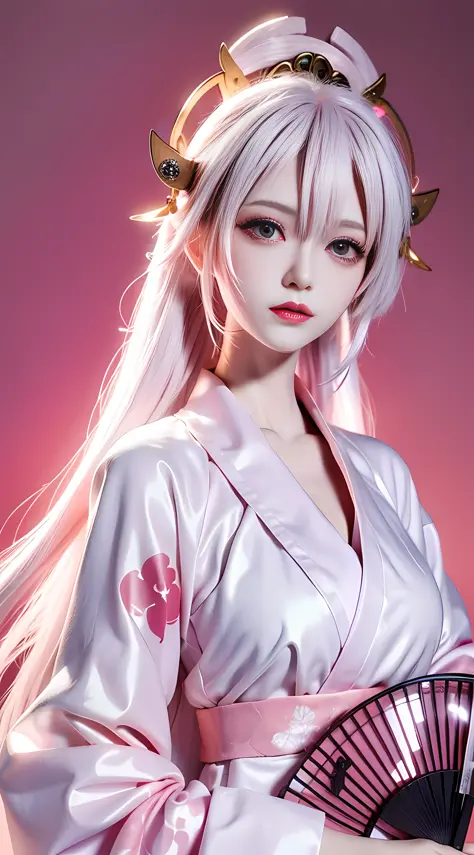 Japanese girl holding fan, kimono, cyberpunk, white hair, huge pink halo on background, mood light, zodiac girl's, punk, holding a fan,