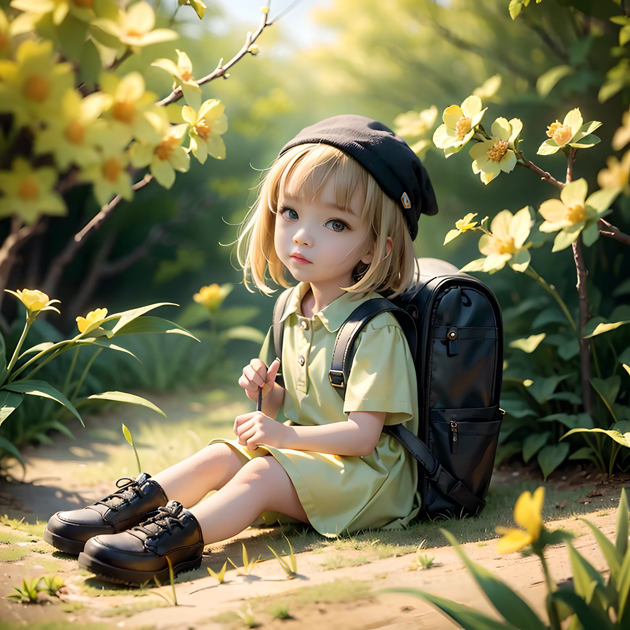 Tips: A very charming little girl with a backpack, cute little dog, enjoying a cute spring outing surrounded by beautiful yellow flowers and nature, this illustration is HD illustration in 4K resolution with very detailed facial features and cartoon style visuals, realistic, deep in the forest