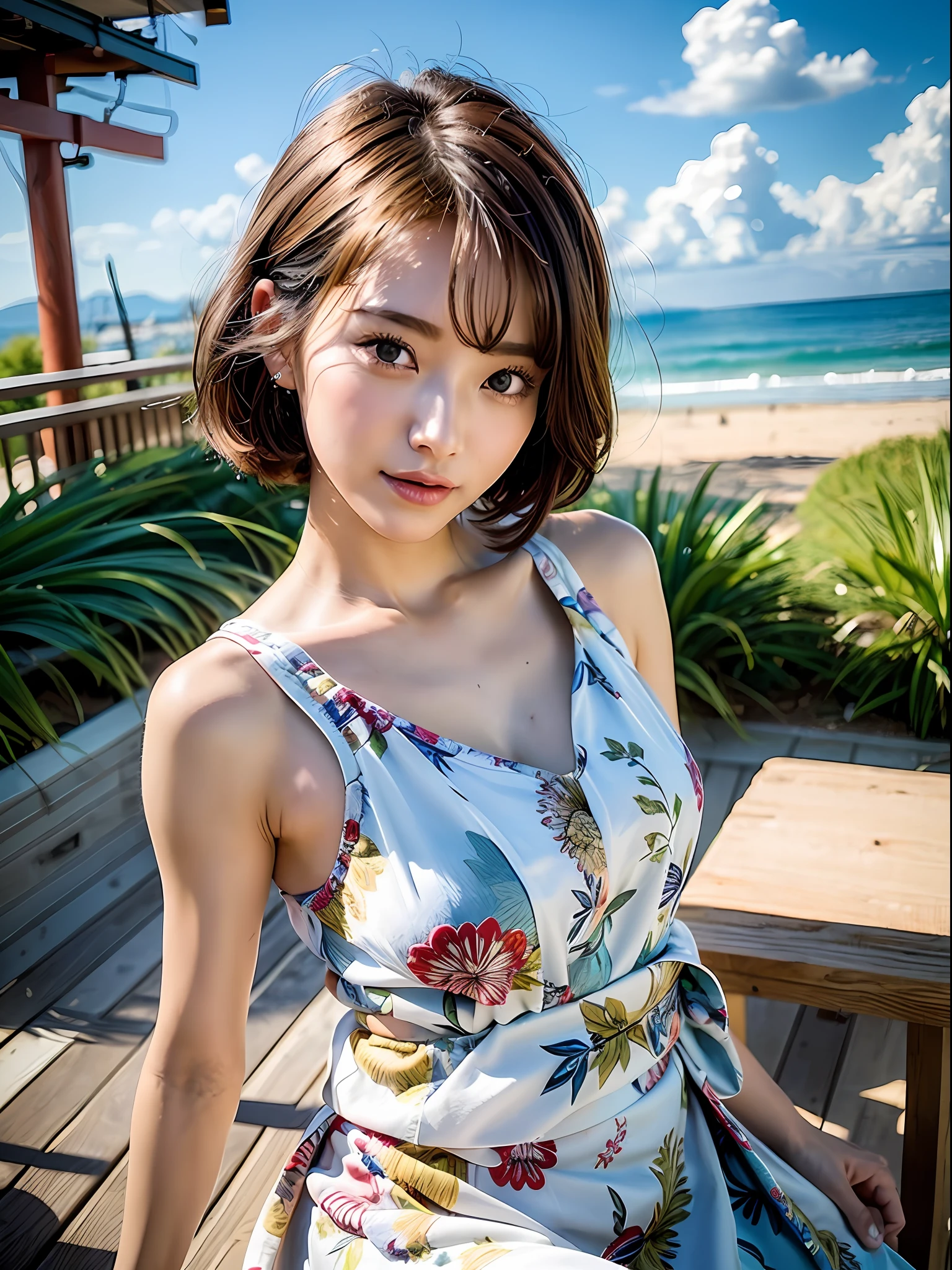 (8k, highest quality, masterpiece: 1.2), (hair_style), (realistic, photorealistic: 1.37), highest quality, masterpiece, shot on a wooden deck with a view of the sky and the sea in the summer sun [small breasts], backlit, shooting from the waist up, shooting at an angle from the bottom, posing with hands raking up hair, shooting with natural light from morning to noon, Hairstyles and fashion styles that match the Japan trends of 2023, realistic, super detailed, 30s, actress, half Japanese and Russian half model, elaborate CG, slender, adorable, hairstyle matches the fashion of Japan in 2023 short bob cut fluttering in the wind, delicate skin type, fine details and softness, model hair color is bright and soft, Choose a short-length T-shirt that matches the summer trends of 2023 and pair it with pale pastel colors for surf fashion.