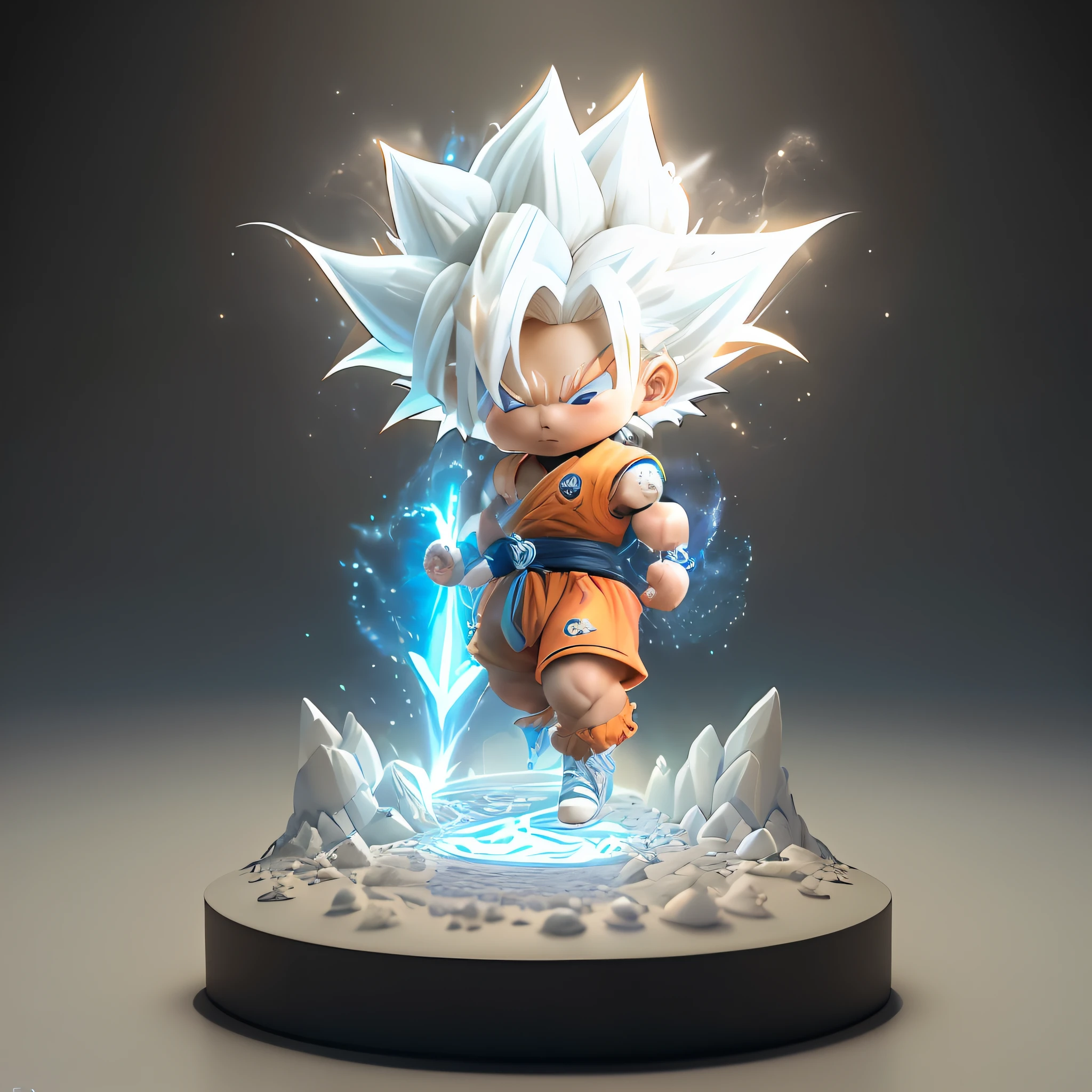 Goku, super saiyan, exquisite hair, arm depiction, white and blue hair body, exquisite shoes, eye depiction, exquisite hair, popmart blind box, clay texture, stepping on the land, black and white background, natural lighting, most good quality, super detail, 3D art, c4d, OC renderer, 3D rendering, 8k