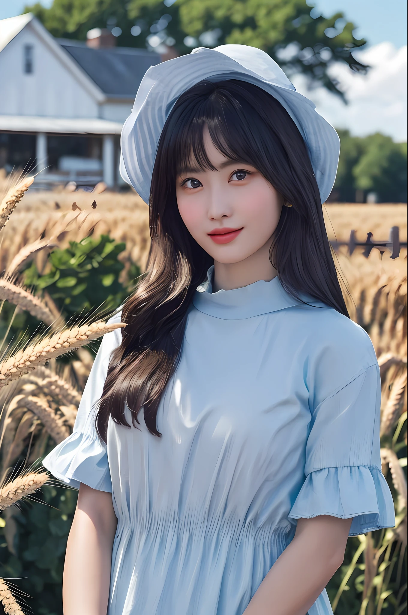 1girl, standing in a rustic farm setting. She has a soft, gentle smile and expressive eyes. The background features a charming barn, (fields of golden wheat), and a clear blue sky. The composition should be bathed in the warm, golden hour light, with a gentle depth of field and soft bokeh to accentuate the pastoral serenity. Capture the image as if it were taken on an old-school 35mm film for added charm,
filmg, ((detailed eyes))
((seikomatsuda))