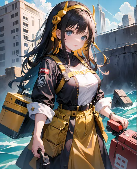 girl who became a heavy machine, cute face, construction, heavy equipment, masterpiece, detailed picture, cute