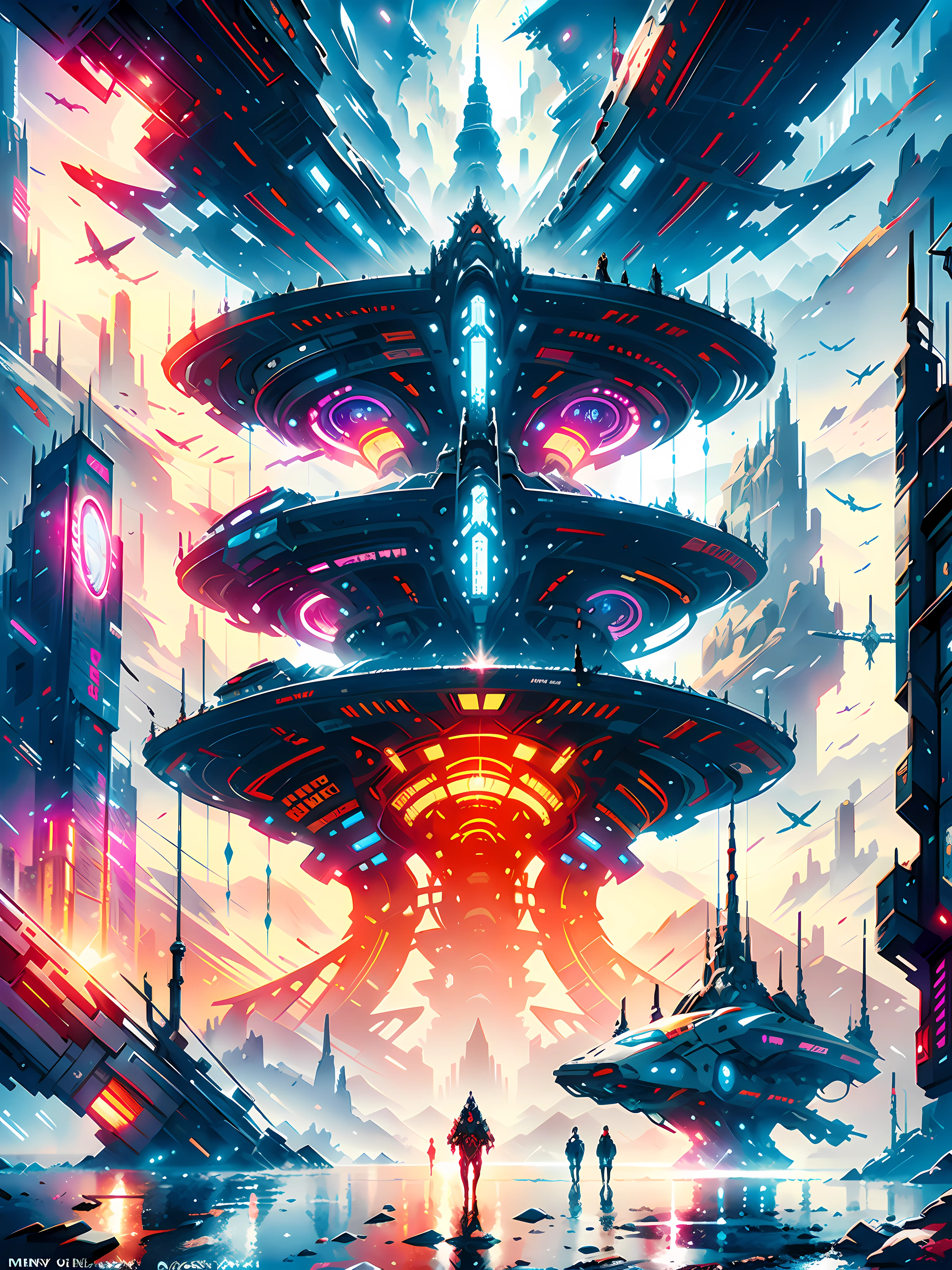 A man standing in front of a futuristic city with a spaceship - SeaArt AI