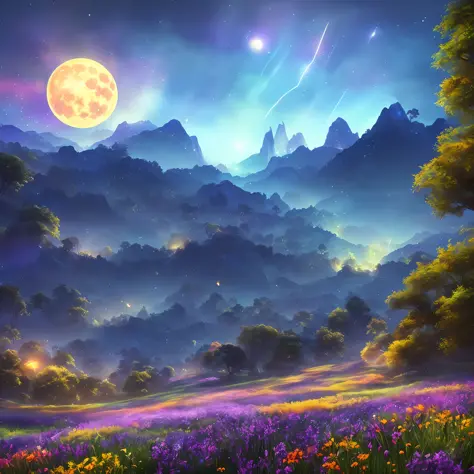 Vast landscape photo, (viewed from below, the sky is above and the open field is below), a girl standing on a flower field looking up, (full moon: 1.2), (meteor: 0.9), (nebula: 1.3), distant mountains , Trees BREAK Crafting Art, (Warm Light: 1.2), (Firefli...
