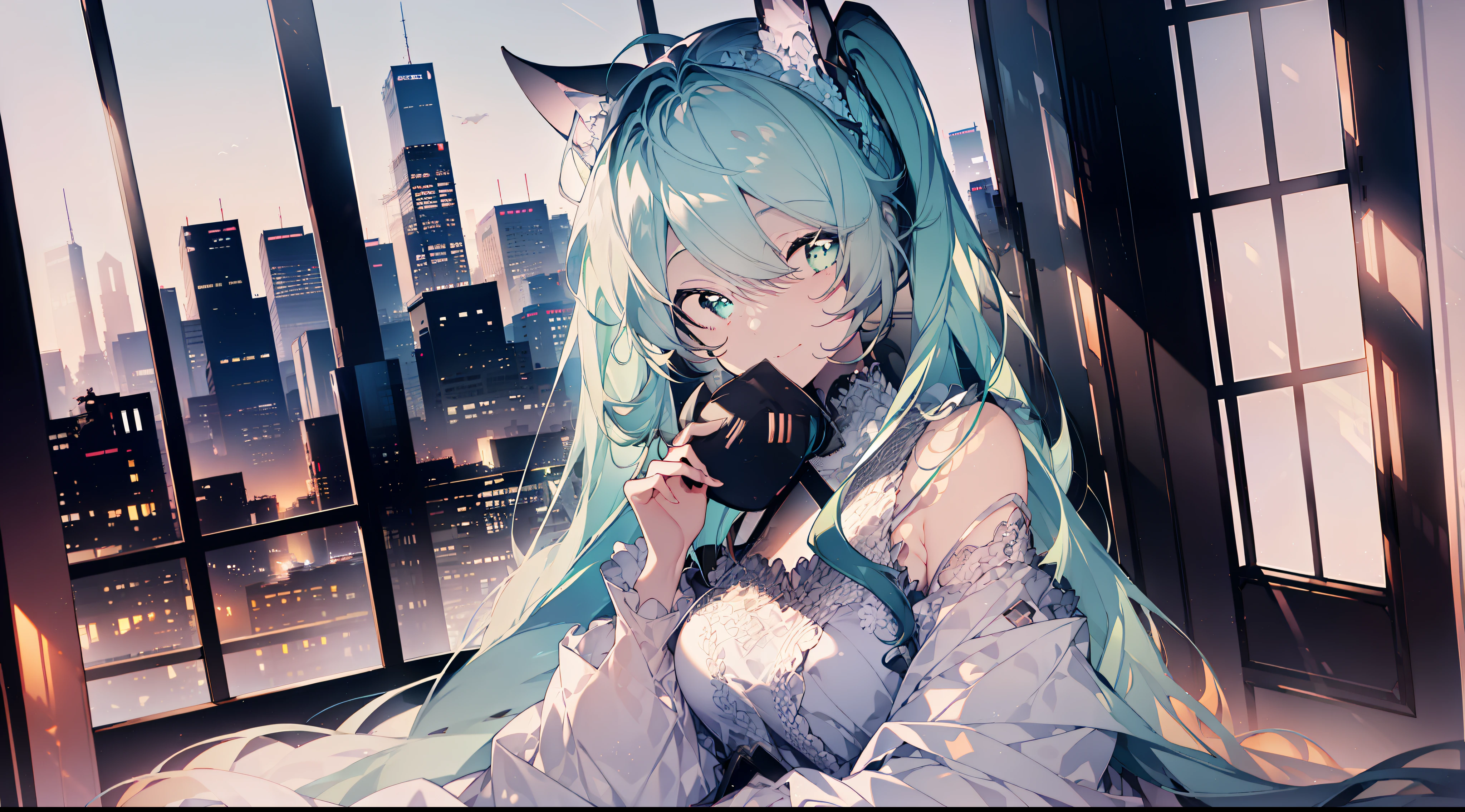 a 1girl、A Masterpiece、Delicate touch、best_quality、(gradation hair)、Twintails、Cat Ears、(aqua eyes)、Beautiful and beautiful eyes、mouth Open、smiling smile、xia、Beautiful natural cityscape、white lace dress、((fulllllbody))