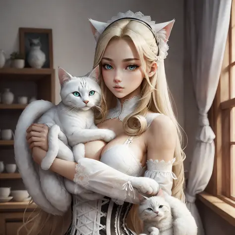 Mujar pretty with long blonde hair. Big breasts. Dressed in a white lace corset. He has a cat in his arms. The cat is black and white. High quality --auto --s2