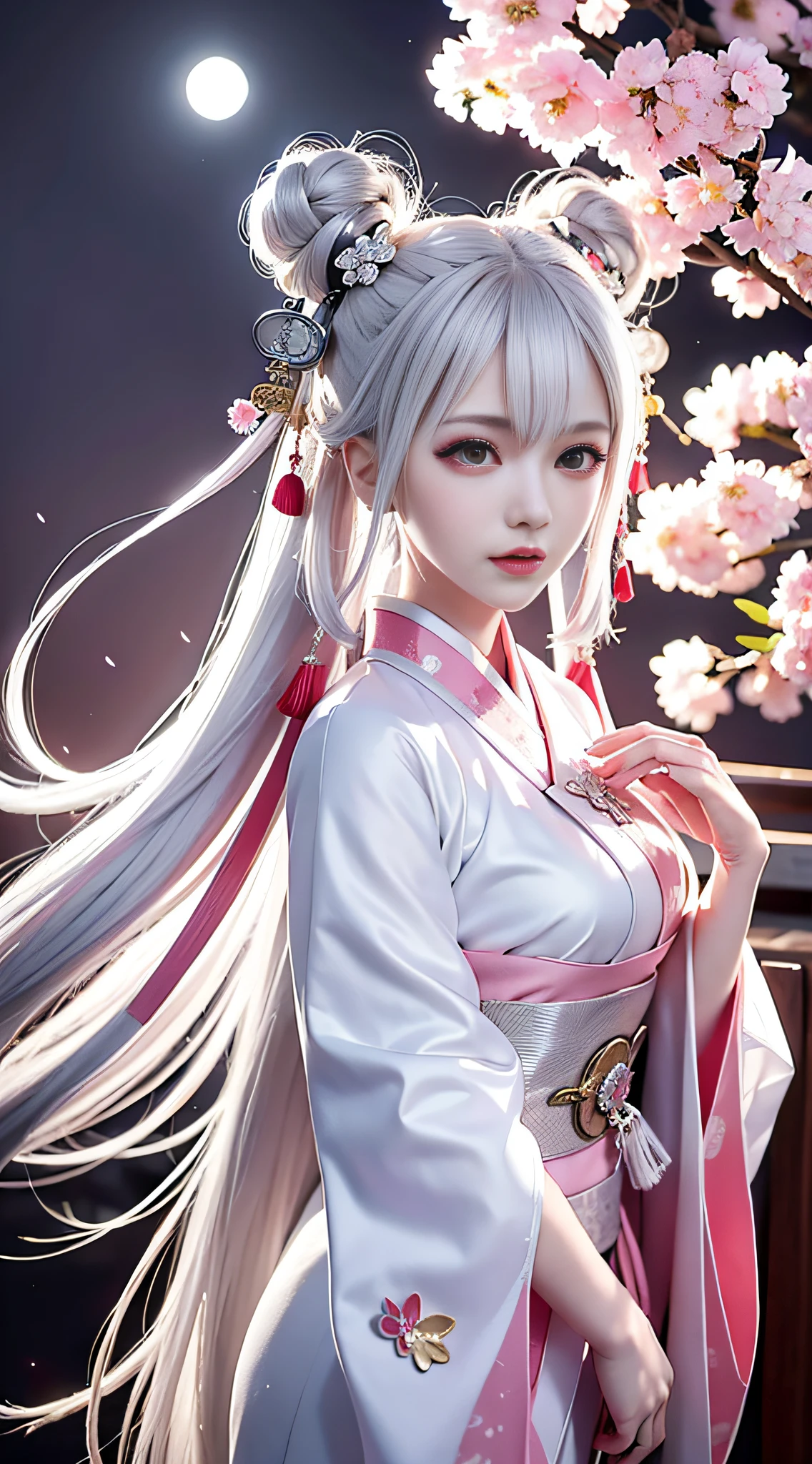 Japanese girl, kimono, cyberpunk, video game, white hair, pink cherry blossom pattern dress, background is huge silver moon, atmospheric light, zodiac girl's,