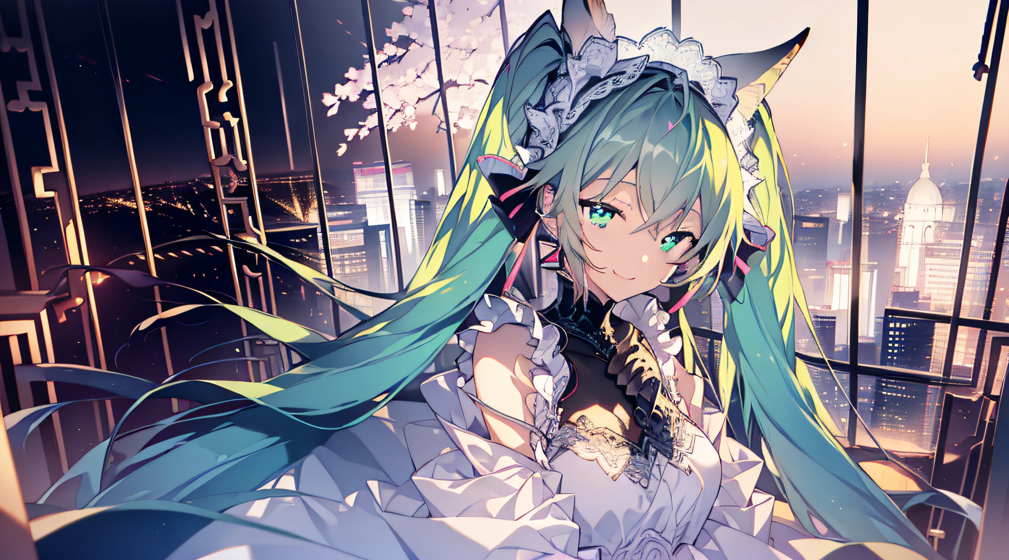 a 1girl、A Masterpiece、Delicate touch、best_quality、(gradation hair)、Twintails、Cat Ears、(aqua eyes)、Beautiful and beautiful eyes、mouth Open、smiling smile、xia、Beautiful natural cityscape、white lace dress、((fulllllbody))