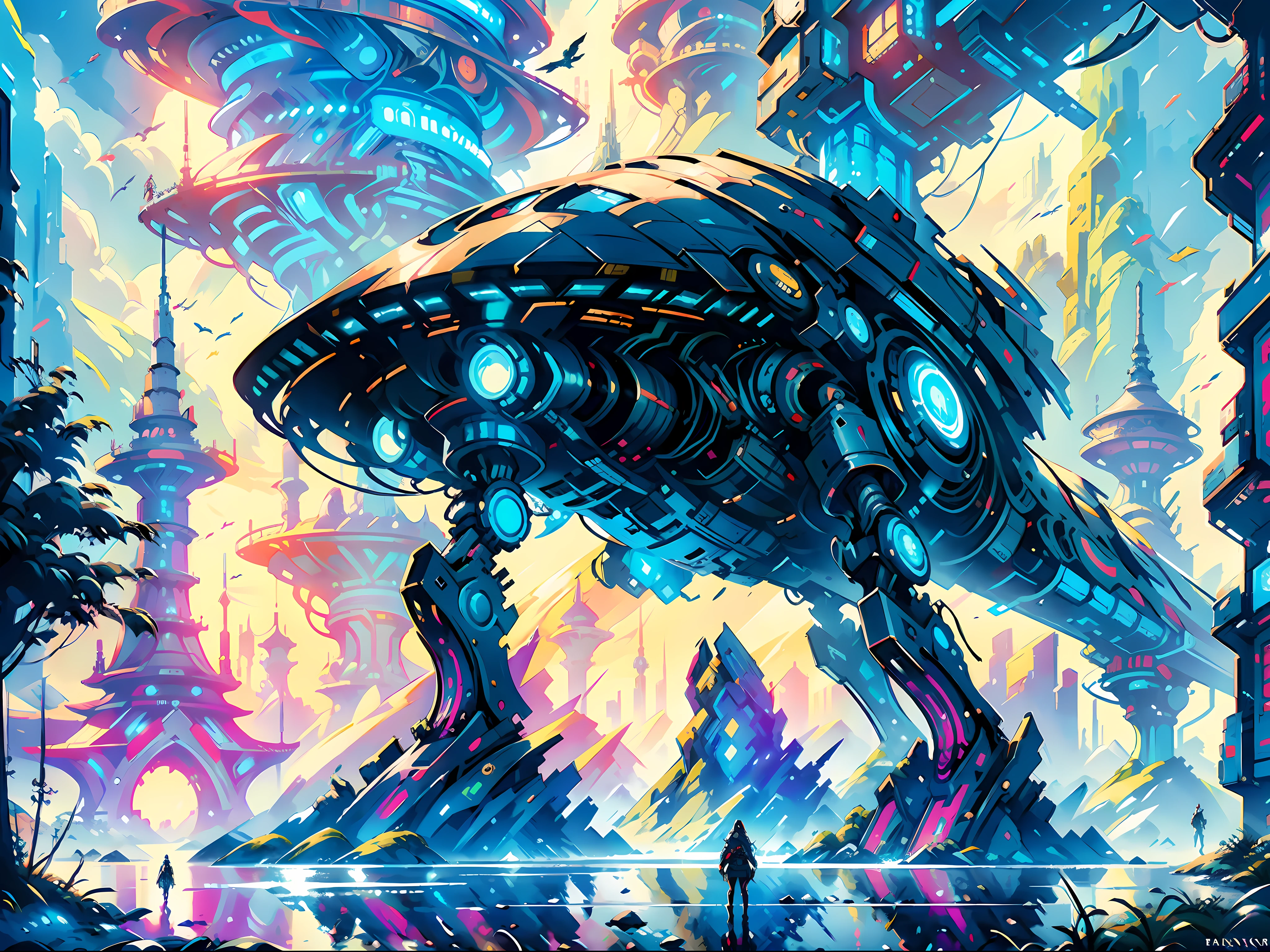 a poster of a woman standing in front of a giant futuristic mechanical structure, bastien grivet, 4k highly detailed digital art, intricate futurism, 4k detailed digital art, BREAK high quality digital concept art, symmetrical epic fantasy art, symmetric concept art, epic fantasy sci fi illustration, 4k solarpunk wallpaper, detailed sci-fi art, futuristic art style