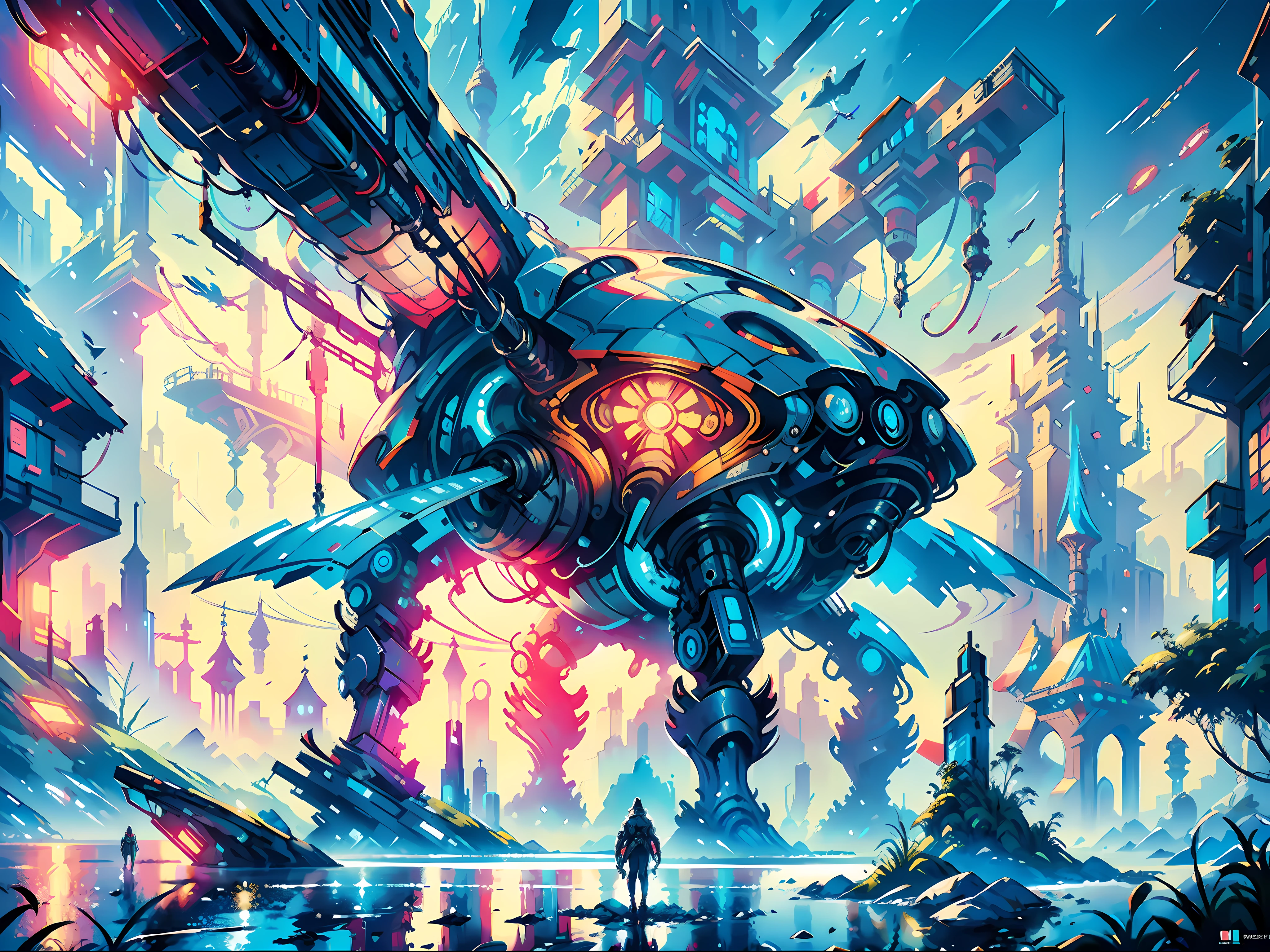 a poster of a woman standing in front of a giant futuristic mechanical structure, bastien grivet, 4k highly detailed digital art, intricate futurism, 4k detailed digital art, BREAK high quality digital concept art, symmetrical epic fantasy art, symmetric concept art, epic fantasy sci fi illustration, 4k solarpunk wallpaper, detailed sci-fi art, futuristic art style