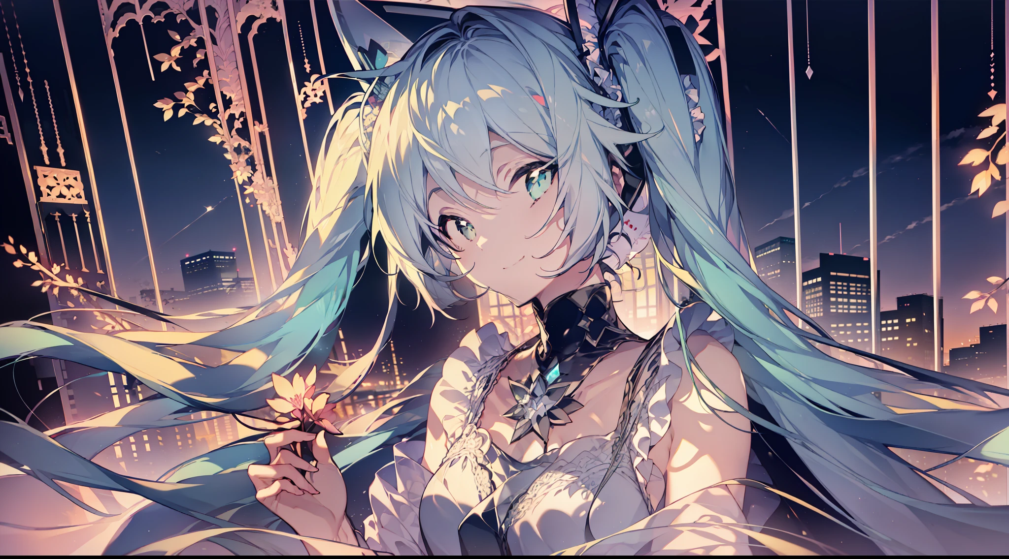 a 1girl、A Masterpiece、Delicate touch、best_quality、(gradation hair)、Twintails、Cat Ears、(aqua eyes)、Beautiful and beautiful eyes、mouth Open、smiling smile、xia、Beautiful natural cityscape、white lace dress、((fulllllbody))