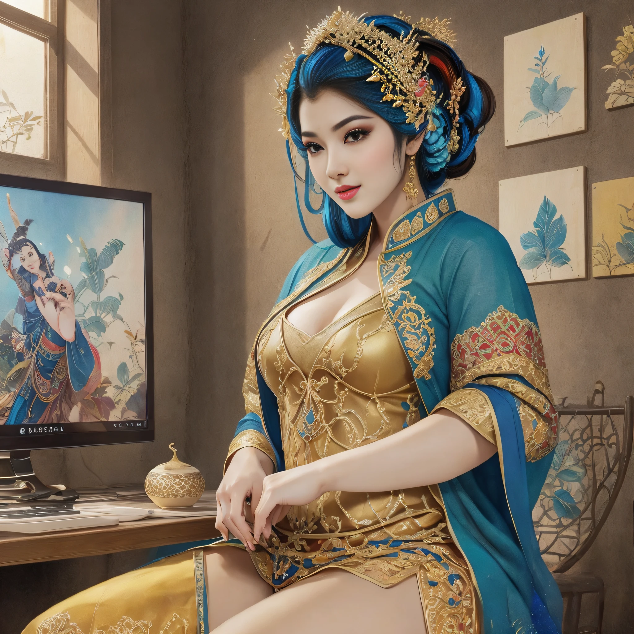 Sitting in front of me in front of the PC playing online games（glory of the king）The sexy hijabi player girl（Busty ass，There are panties）of paintings，25 years old，Very detailed skin，colored eyeulti-colored hair，Decorate the wallature face，A toothless smile，Dark hair，kebaya，puffy，batik