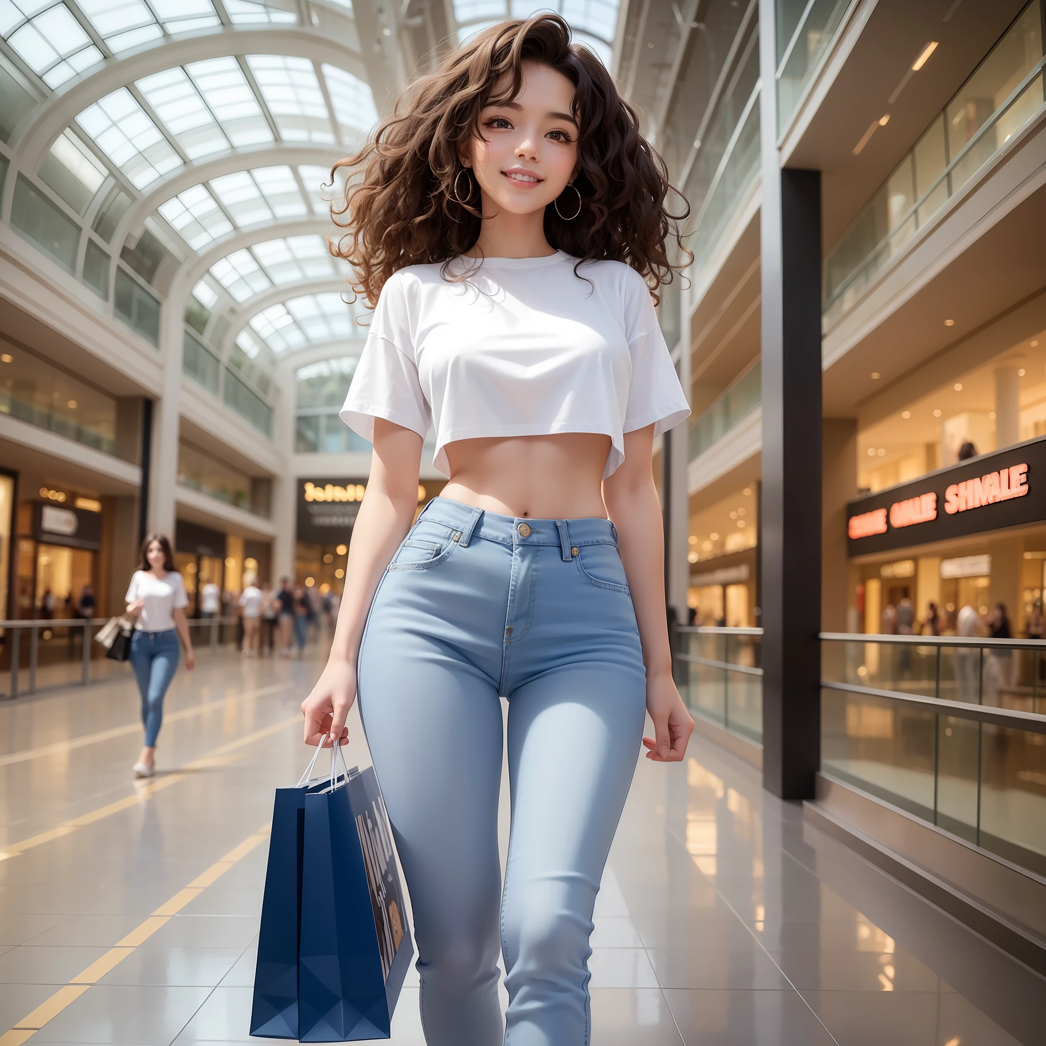 Masterpiece, best quality, super detailed,a beautiful girl,Curly hair, smile face,wearing white shirt and blue jeans, walking in the shopping malls, beautiful shopping malls background , detailed skin,8K, full body shot