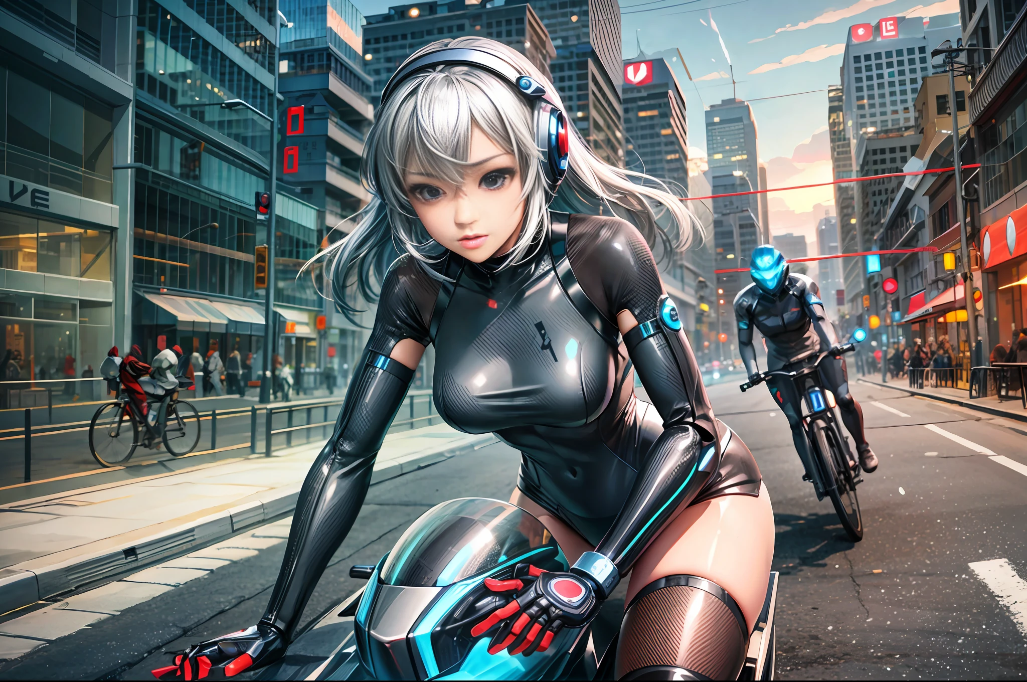 Sexy robot android girl, cyborg riding sport bike, depth of field, motion blur,