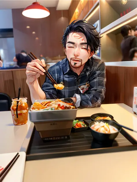 there is a man eating a meal at a restaurant with chopsticks, mukbang, eating, #oc, # oc, fast food review, eating ramen, taken with sony alpha 9, high quality upload, yummy, south korean male, taken with canon eos 5 d mark iv, people inside eating meals, ...