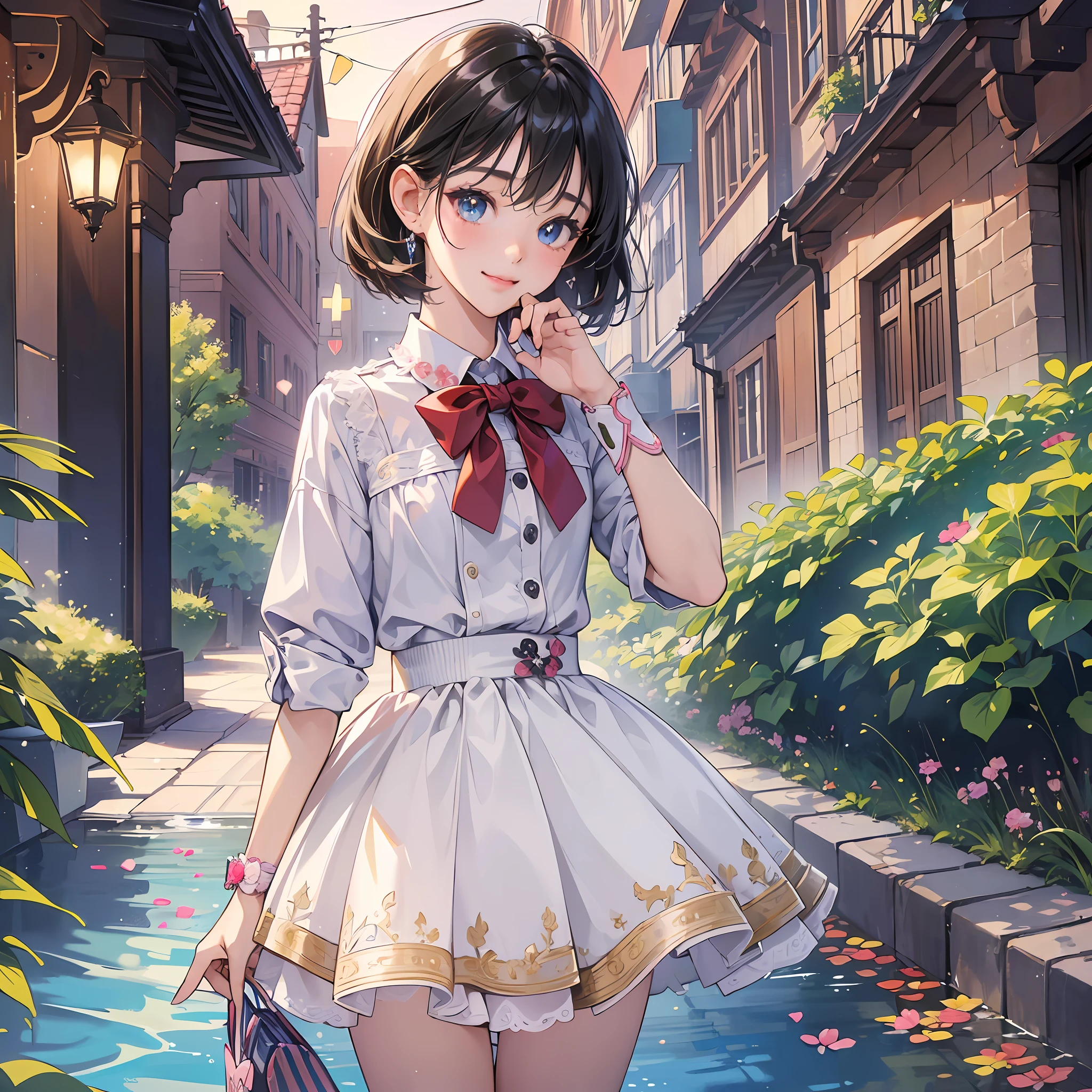 Anime girl in a short dress standing in a narrow alley - SeaArt AI