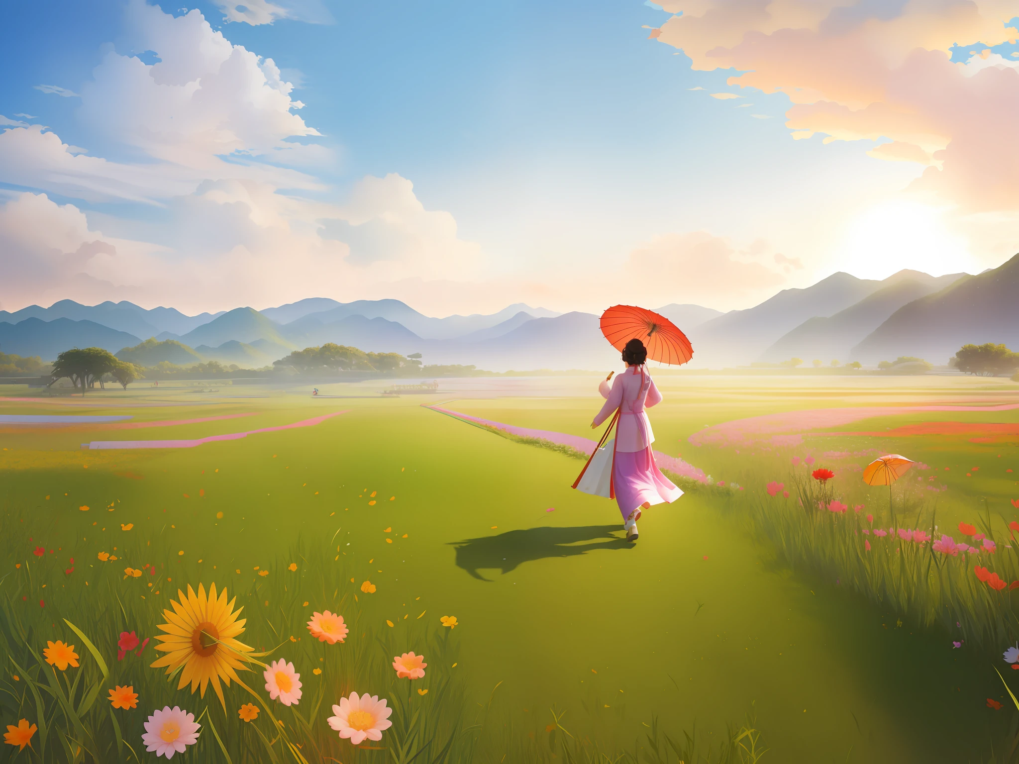 傘をさして野原を歩く女性の絵 - SeaArt AI