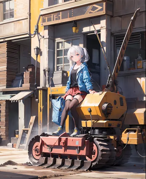 (((compaction machine))),girl, pretty face, construction, heavy equipment, masterpiece, detailed picture, cute, 16 years old