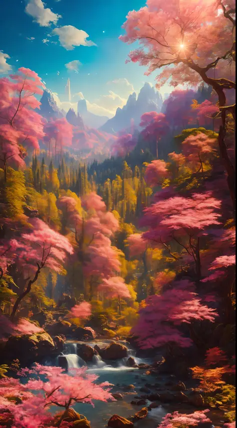 Chroma V5, nvinkpunk, (very detailed CG unified 8k wallpaper), majestic forest landscape surrounded by lush pink foliage, award-...