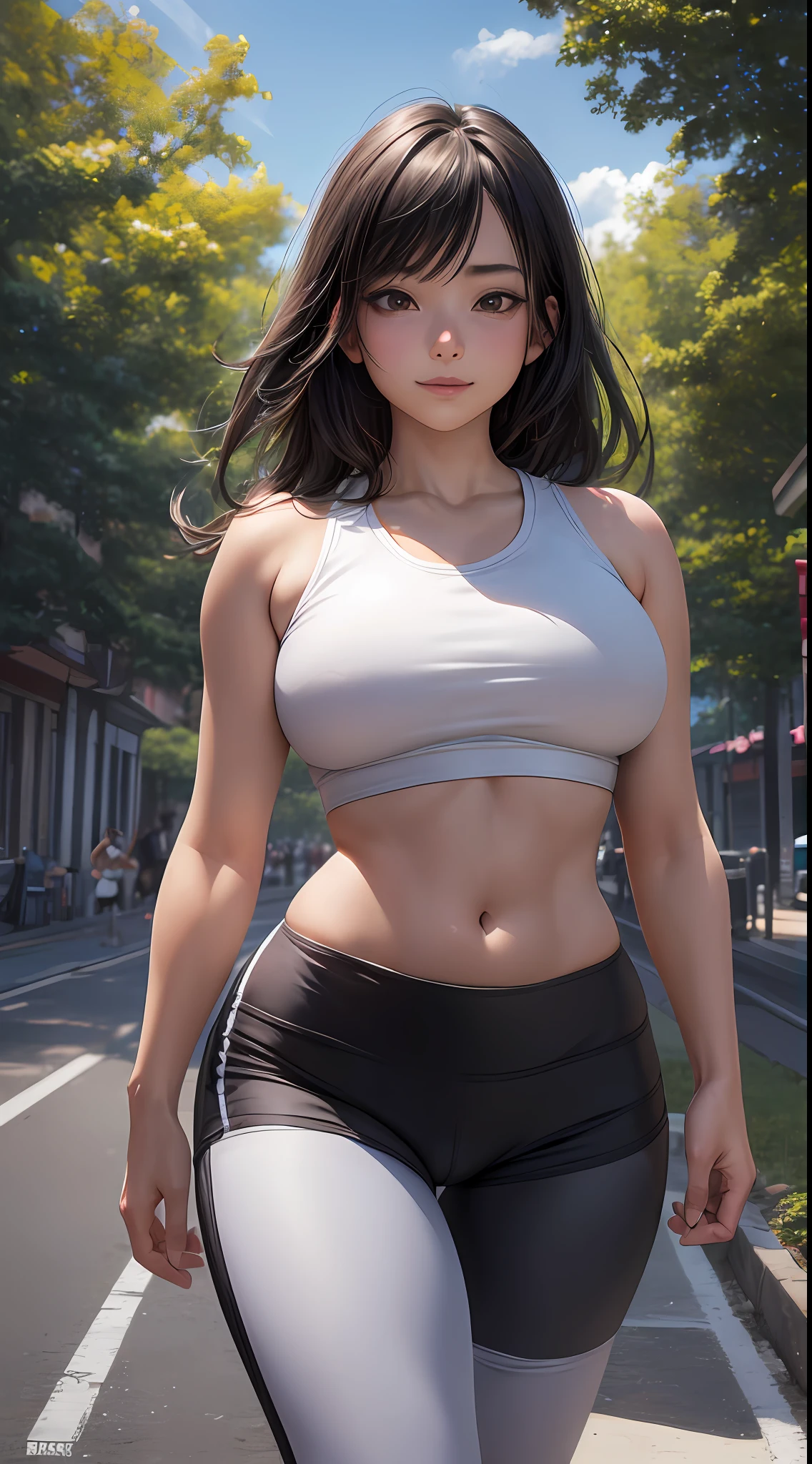 A woman in a sports bra top and black shorts walking down a street - SeaArt  AI