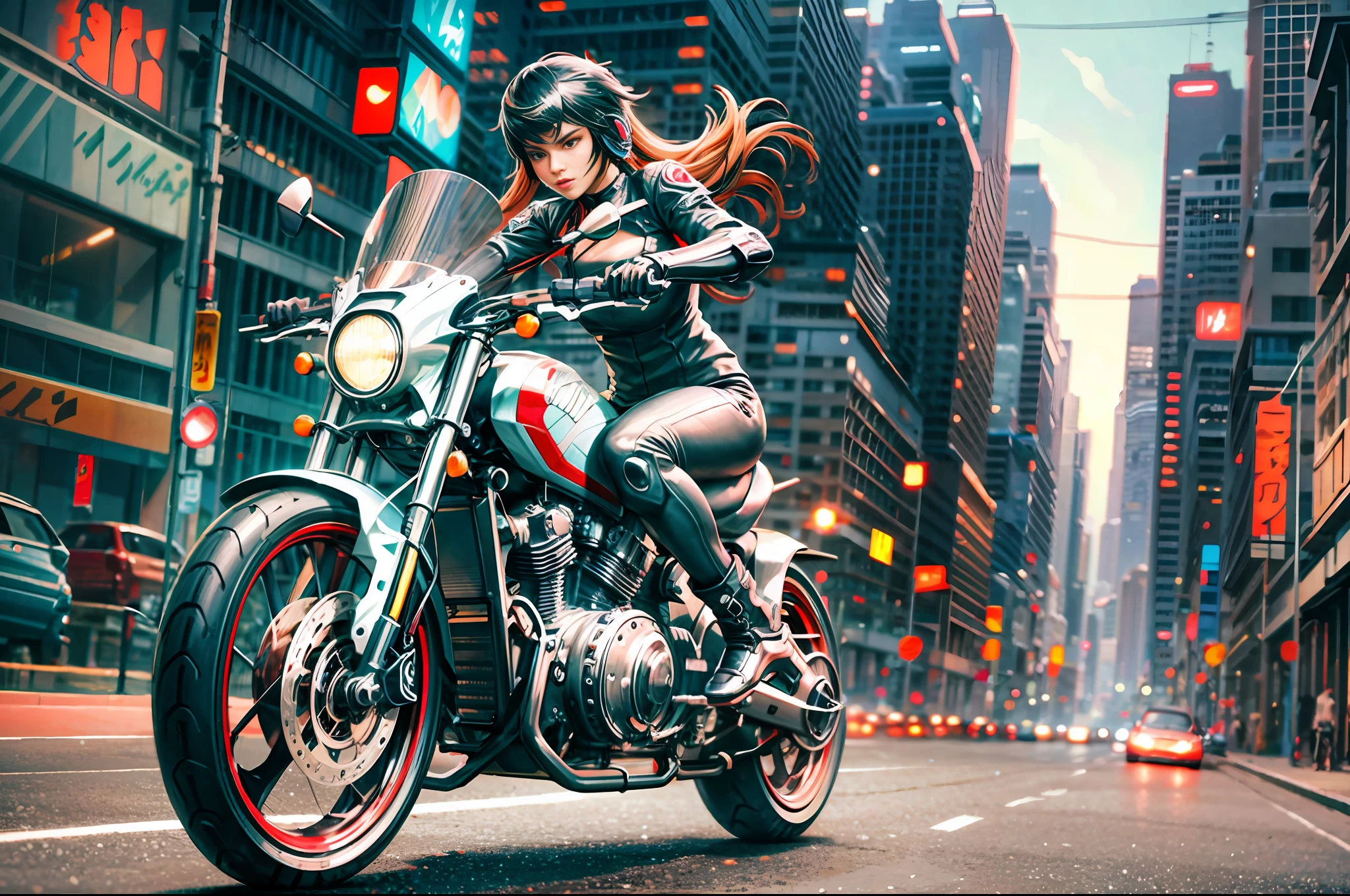 Sexy cyborg riding motorcycle, futuristic city, cyberpunk, depth of field, motion blur, panning shot,