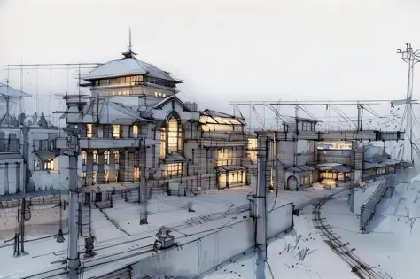 sketch, sketch, pen_sketch_style, tracks, lanterns the photo shows the station, building, beautiful high resolution, exterior of...