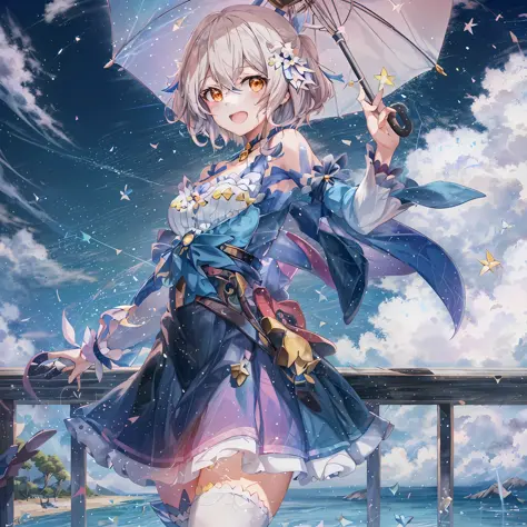 anime girl with umbrella standing on railing overlooking ocean and sky, ayaka genshin impact, cushart krenz key art feminine, sp...