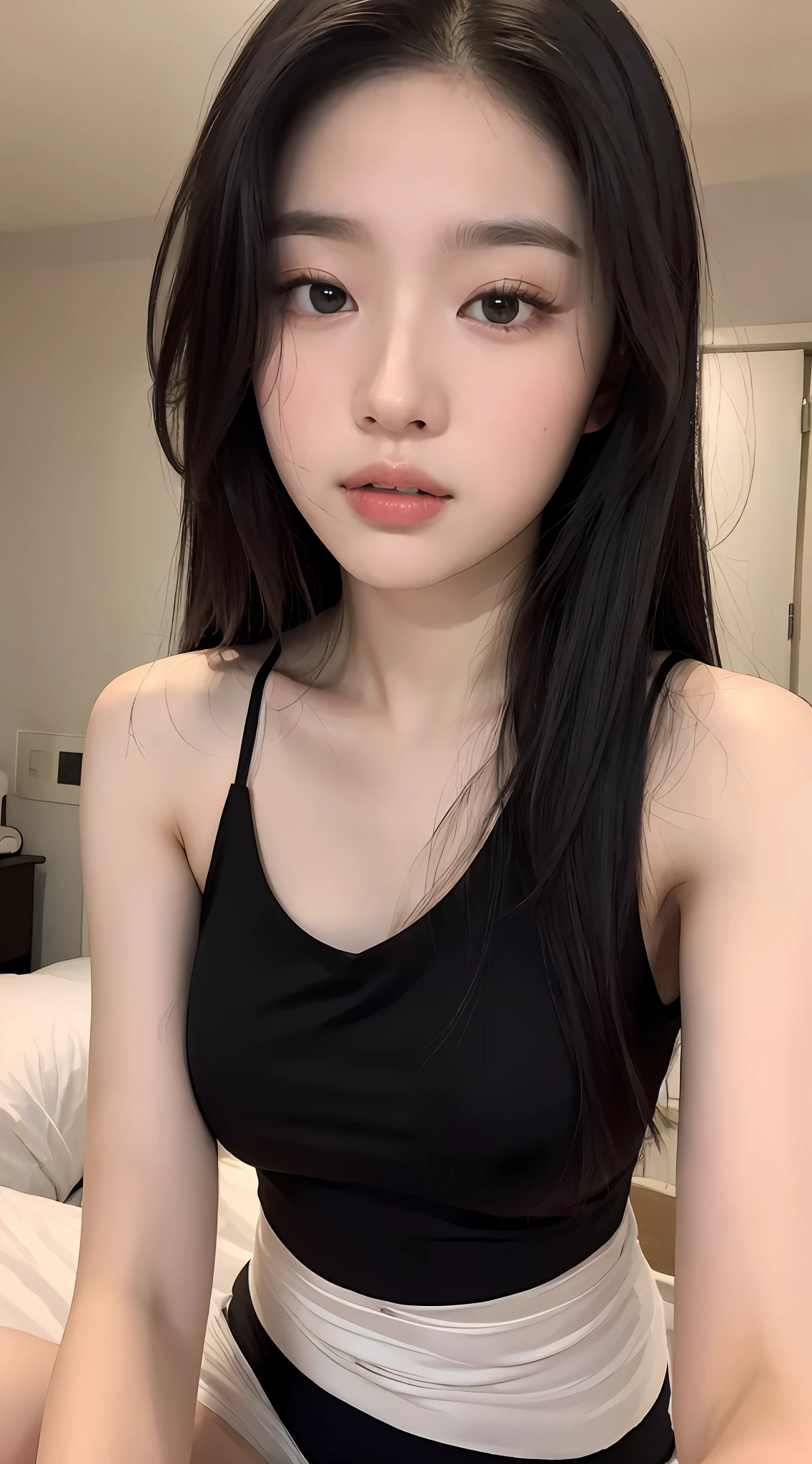 ((Top quality, 8k, Masterpiece: 1.3)), beauty, hidden face, 2 girls, beauty: 1.3, slender abs: 1.1, camisole vest, long black hair, (sitting on bed), ultra-detailed face, highly detailed lips, detailed eyes, double eyelids