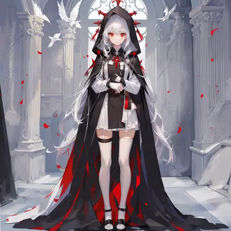 maiden, white stockings, round red thread striped road black robe, hood, cape, red eyes, long white hair, faint smile, standing ...