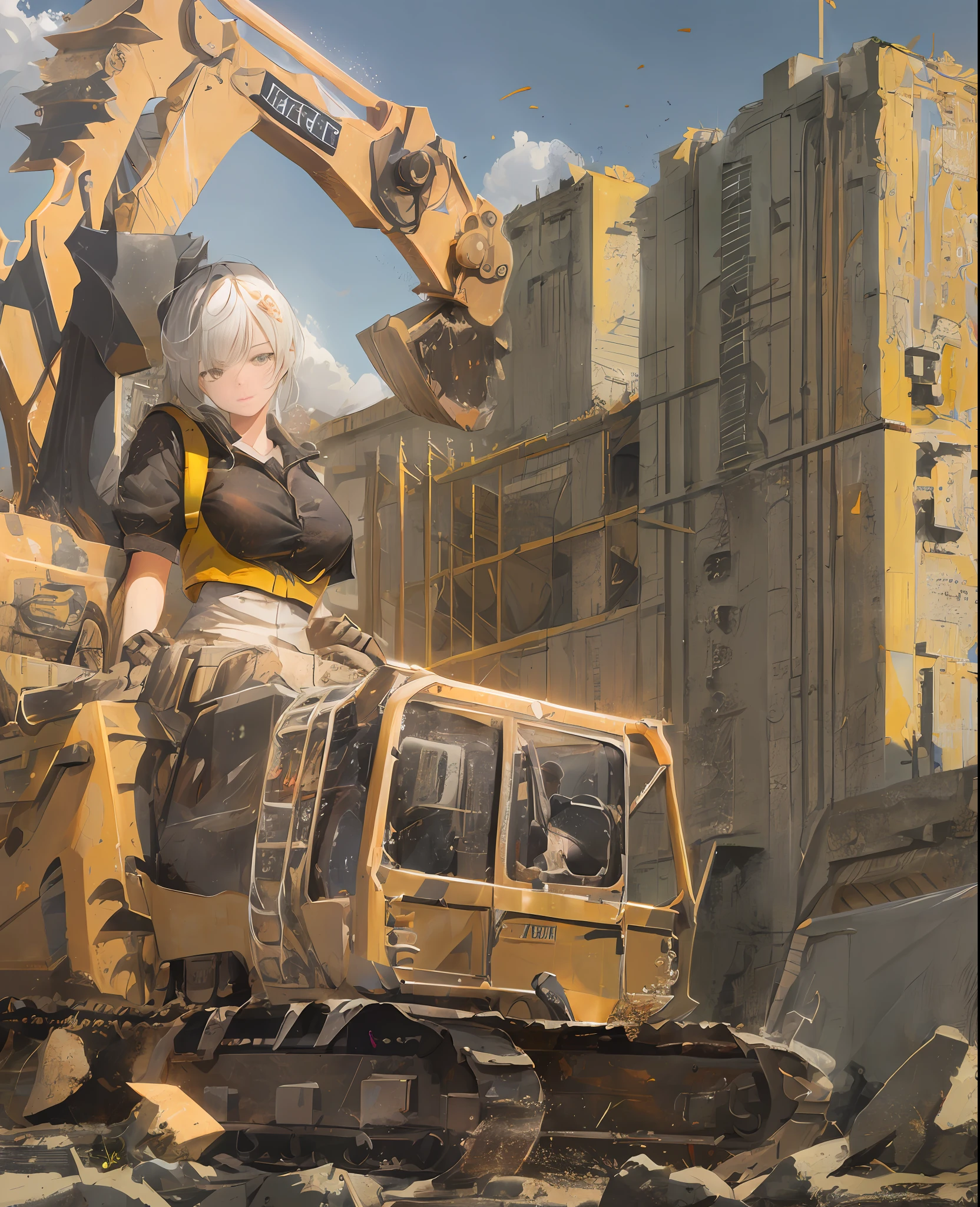 (((Excavator สาว))),สาว, ใบหน้าสวย, การก่อสร้าง, อุปกรณ์หนัก, ผลงานชิ้นเอก, ภาพรายละเอียด, น่ารัก, 