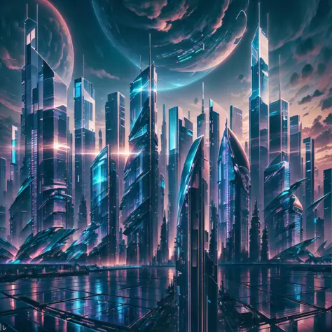 A mesmerizing digital artwork of a futuristic skyline at dusk, featuring neon lights and captivating reflections on sleek and to...