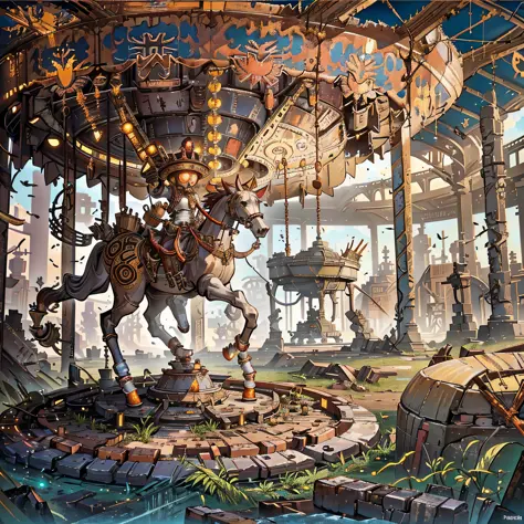 Photography of a forgotten carousel in the middle of an abandoned amusement park. The carousel is masked in layers of cobweb and...