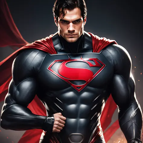 Henry Cavill as Superman, 40s year old, all black and red details suit, a strain of hair covering forehead, tall, manly, hunk body, muscular, straight face, black medium hair, best quality, high resolution, masterpiece, raw photo, dark background, detailed...