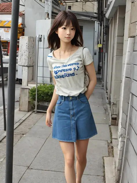 Realistic photo of cute girl, walking in mini skirt